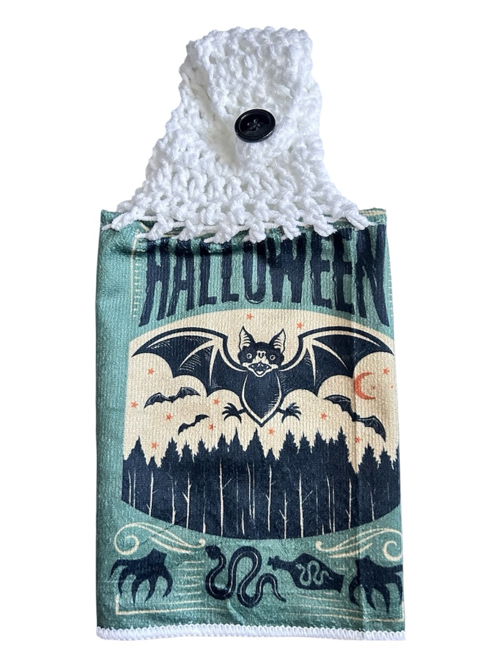 Hand Crafted Halloween Bat Black and Green Hanging Kitchen Hand Towel - Picture 4 of 8